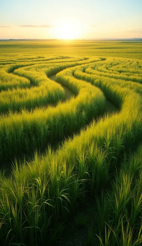 A high-angle view of a prairie, looking down on the expanse of tall grasses moving in the wind. The view captures the subtle waves and patterns formed as the grasses sway, with the sunlight casting soft shadows across the landscape. The vastness of the pra...