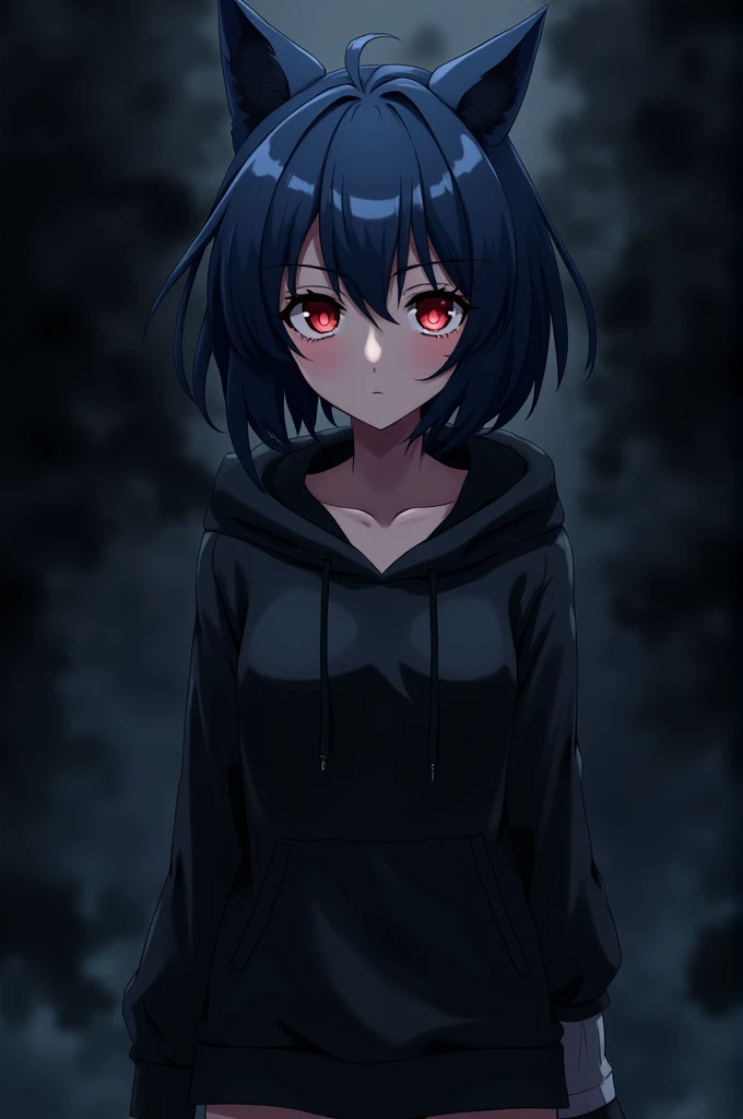 Dark background , Anime girl , dark blue hair , wolfhair cut , black hoodie , red eyes , almond eye
