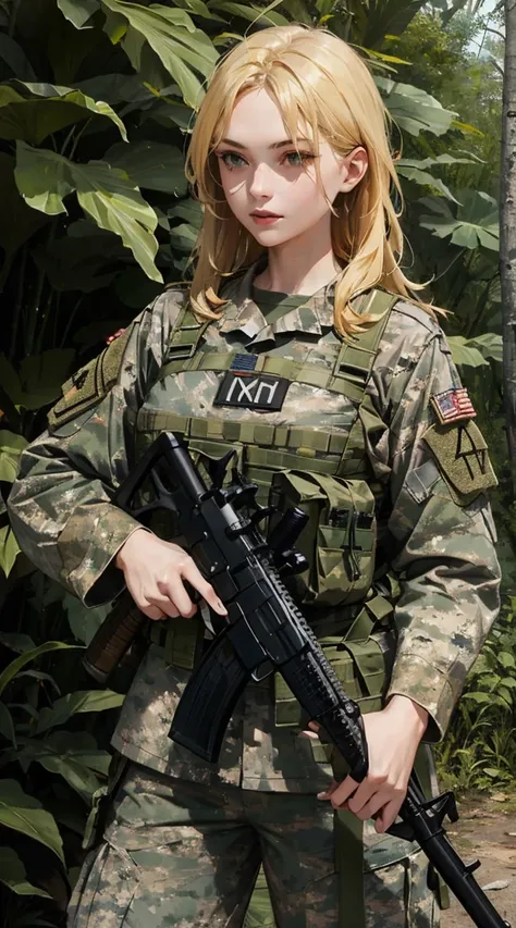 Coloring，detaileds, Blonde female soldier，Army camouflage pattern military uniform，detaileds，Heavy metal weapons，jungle backdrop，morningglow，Super detailed