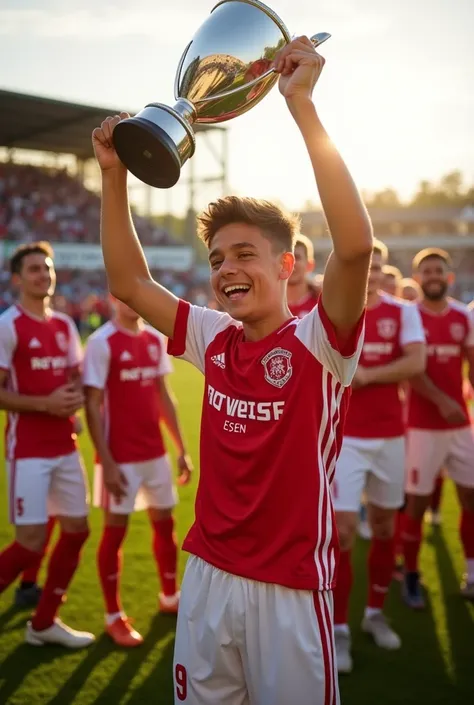 A 17-year-old soccer player holding a trophy in his hand, celebrates with his colleagues,Wears a red and white jersey with the number 9,The jersey says Rot-Weiss Essen, photographed from behind 