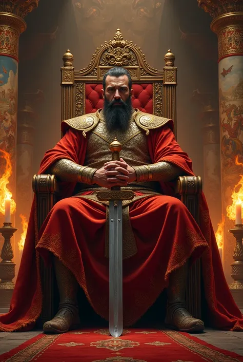 an emperor sitting on a throne while his hands are on the hilt of a sword lying on the ground