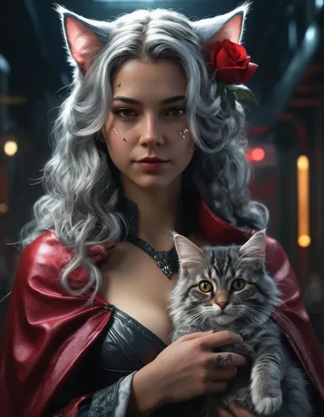 ((realistic )) a cyberpunk catgirl hybrid that is half woman and half cat. Her face is a that of a maincoon long-haired cat with gray light gray hair. victorian style clothing, gray furry skin, Facing camera, 4K, rembrant lighting, leather, silk, red cape ...