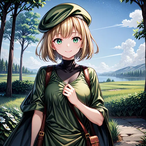 ((masterpiece)), ((Highest quality)), ((1girl)), ((solo focus)), upper body, from front, ((Golden blonde bob cut)), ((Bangs)), ((A cute woman with large, deep green eyes)), (Beautifully detailed eyes), ((Green hunting hat)), ((A loose green poncho)), (Beau...