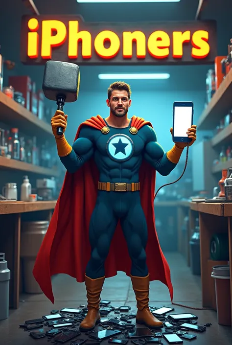 (Photorealism), (realistic) A humorous scene of a superhero-themed iPhone repairman standing in a repair shop. The repairman is dressed in a superhero outfit with a cape made of phone cables, holding a giant screwdriver like Thors hammer in one hand, and a...