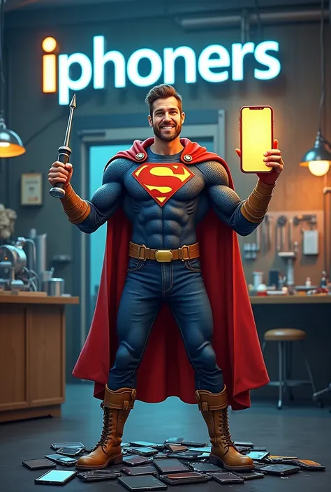 (Photorealism), (realistic) A humorous scene of a superhero-themed iPhone repairman standing in a repair shop. The repairman is dressed in a superhero outfit with a cape made of phone cables, holding a giant screwdriver like Thors hammer in one hand, and a...