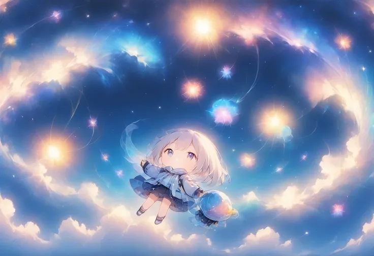 Milky Way, rocket, jellyfish, shooting star, Cute art. chibi character,look up,woman. Digital Art. Pleasant tranquility, more