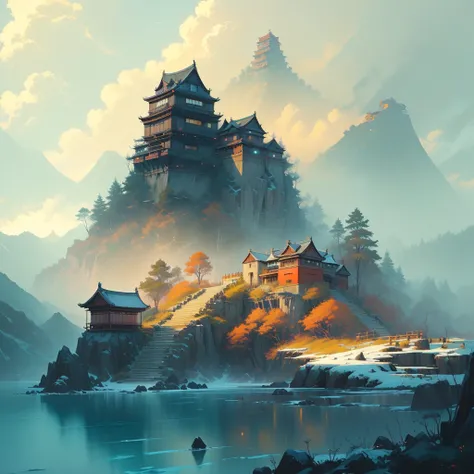 There is a small island，上面有建筑遗迹 author Raymond Han, A beautiful artistic illustration, Feiyun Castle, author Ryan Yee, Andreas Rocha style, Ross Chen. Landscape background, Inspired by Andreas Rocha, Epic painting of the island, Beautiful Numbers, author：A...