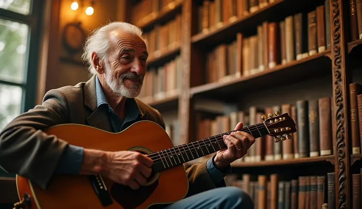 ((best quality)), ((masterpiece)), (detail), perfect face, panoramic photo of an elderly man playing guitar in an antique bookstore, bookstore scene with intricate details, shimmering and magical light, surreal photo, 8k, ultra high resolution, sharp face