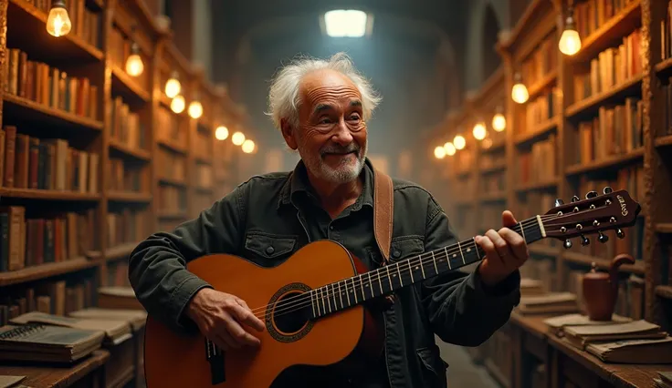 ((best quality)), ((masterpiece)), (detail), perfect face, panoramic photo of an elderly man playing guitar in an antique bookstore, bookstore scene with intricate details, shimmering and magical light, surreal photo, 8k, ultra high resolution, sharp face