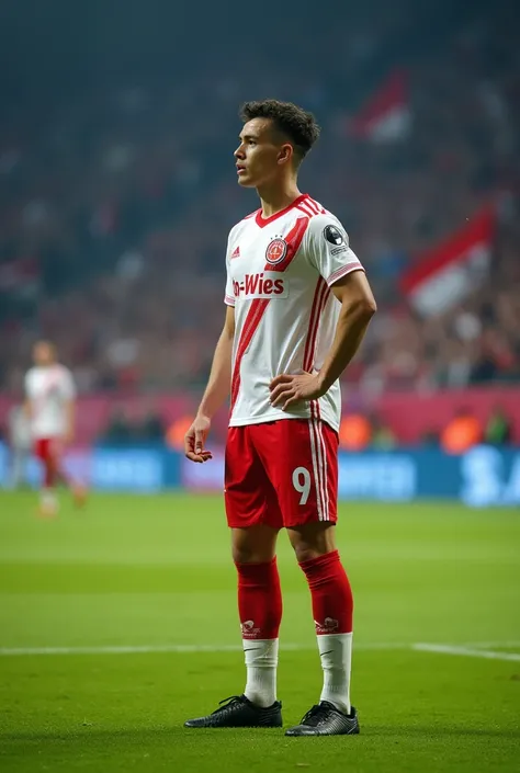 A 17-year-old football player taking a penalty,Wears a white and red jersey with the number 9, The jersey says Rot-Weiss Essen, photographed from the side 