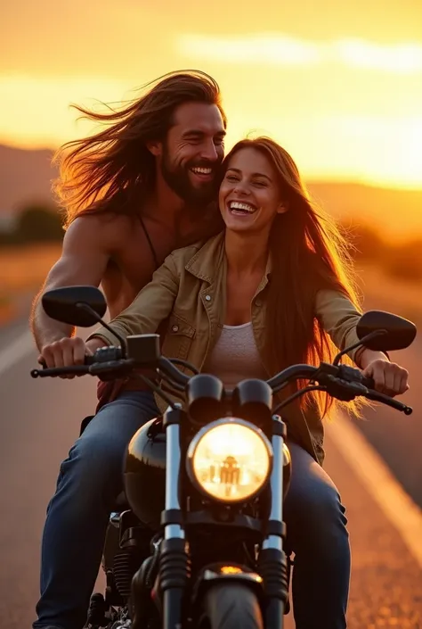 Hairy man with long, brown hair riding a motorcycle and his long brown haired girlfriend on the hairy man without a beard.