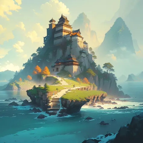 There is a small island，上面有建筑遗迹 author Raymond Han, A beautiful artistic illustration, Feiyun Castle, author Ryan Yee, Andreas Rocha style, Ross Chen. Landscape background, Inspired by Andreas Rocha, Epic painting of the island, Beautiful Numbers, author：A...