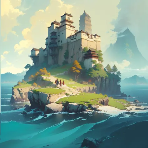 There is a small island，上面有建筑遗迹 author Raymond Han, A beautiful artistic illustration, Feiyun Castle, author Ryan Yee, Andreas Rocha style, Ross Chen. Landscape background, Inspired by Andreas Rocha, Epic painting of the island, Beautiful Numbers, author：A...