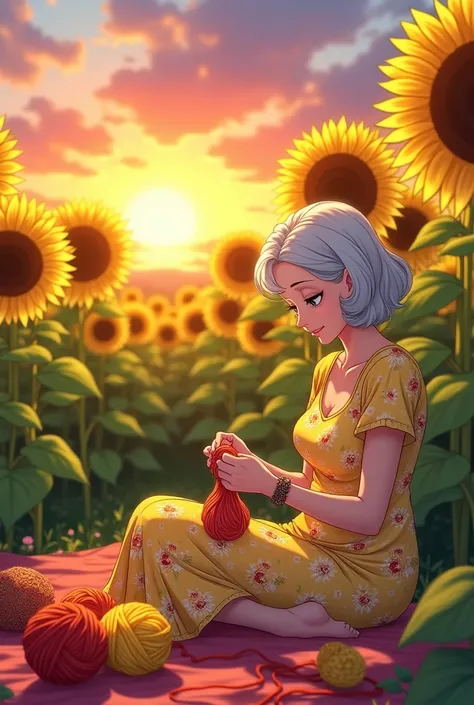 An anime grandma is crocheting in a sunflower field with a sunset