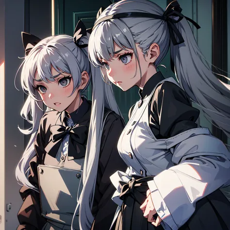 monotone、Gray Hair、Twin tails、Hata、Disdainful look、Black Ribbon
