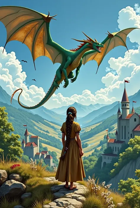 A GIRL IN THE MIDDLE AGES WITH A DRAGON FLYING IN THE BACKGROUND LIKE IN THE SKYRIM VIDEO GAME