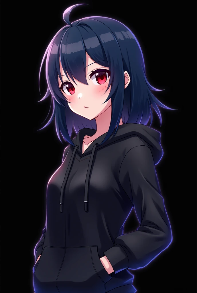 Gamer , Black background , Anime girl , dark blue hair , modern day mullet hair style , black hoodie , red eyes , almond eye
