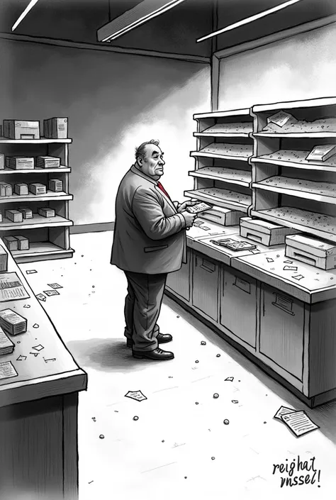 Editorial cartoon man buying at empty store black and white