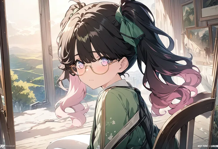 close up，masterpiece，high resolution，Anime Art，Anime Numbers， 4k anime wallpaper，Soft Light，One anime girl sitting sideways，black and pink gradient twin tails，Gradient eyes，wearing glasses，Green clothes，White pantyhose，landscape painting