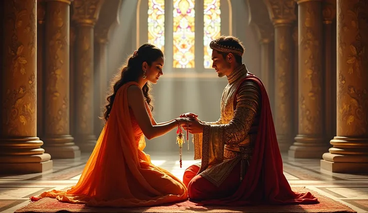 Emotion:** Capture the essence of respect, duty, and the deep bond between the queen and the king, highlighting the emotional depth of the Raksha Bandhan ritual.