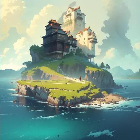 There is a small island，上面有建筑遗迹 author Raymond Han, A beautiful artistic illustration, Feiyun Castle, author Ryan Yee, Andreas Rocha style, Ross Chen. Landscape background, Inspired by Andreas Rocha, Epic painting of the island, Beautiful Numbers, author：A...