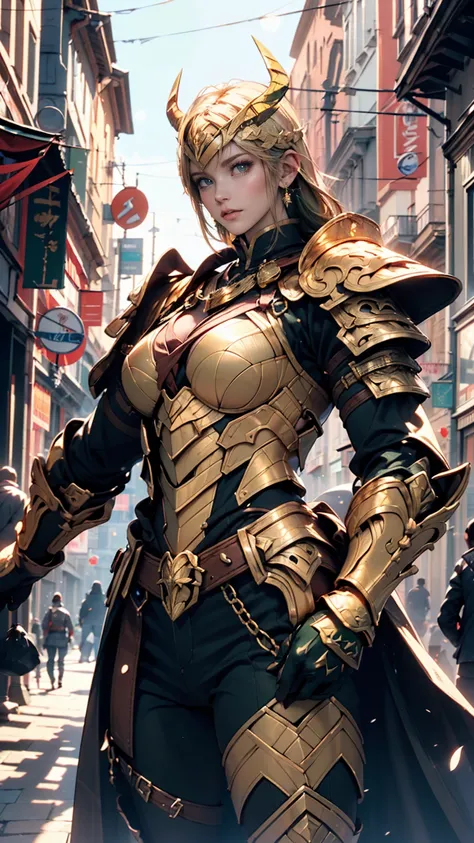 (masterpiece, 4K resolution, Ultra-realistic, Very detailed), (Theme of the Knights of the Zodiac, charisma, I am on top of the street., Sagittarius Knight in Golden Armor, She&#39;s a superhero), [ ((20 years), (Long Green Hair:1.2), whole body, (Green Ey...