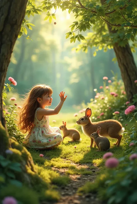 A girl  waved goodbye to animals in the forest.