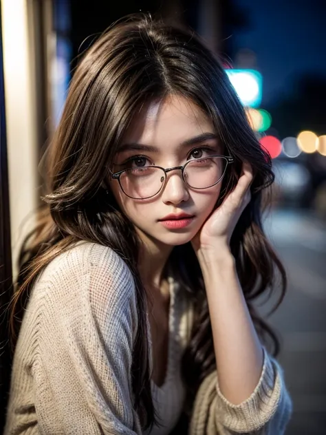 a beautiful 23-year-old woman, light brunette, close-up, girl next door, baggy clothes, makeup, lips, glasses, night, messy hair...