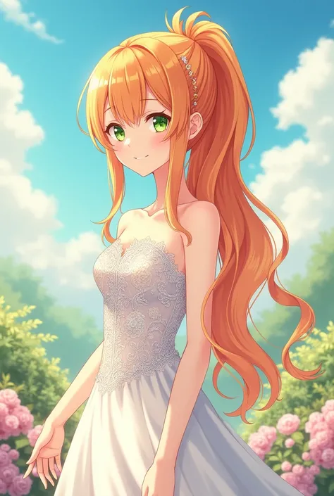 20 years old girl, orange blonde hair, green eyes, tsundere, long ponytail wedding dress