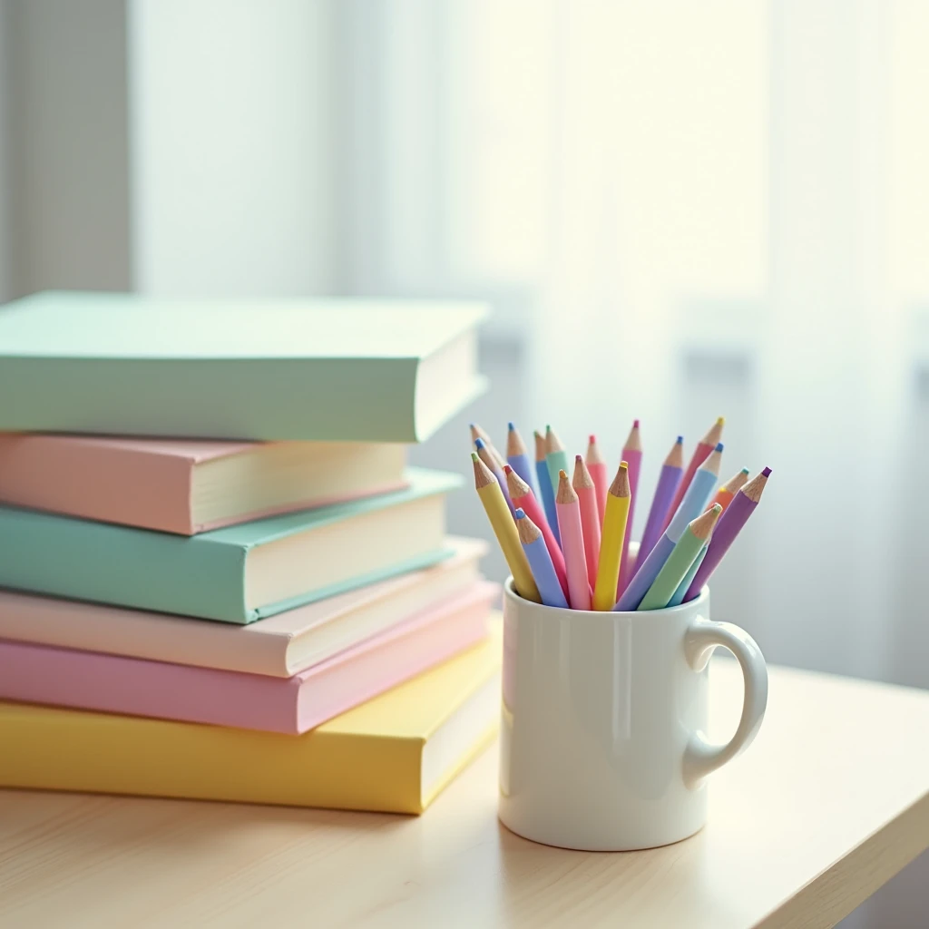 Stock image of a stack of books and a cup full of pens adjacent using pastel colors