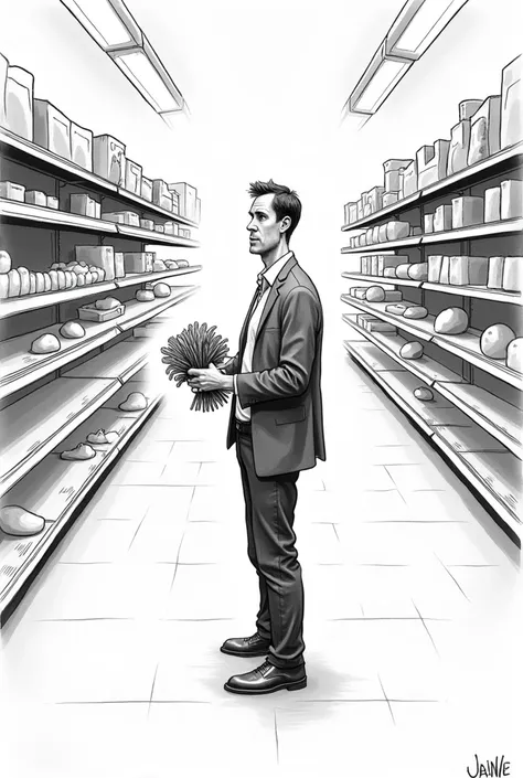 Editorial cartoon man buying at empty store black and white sketch