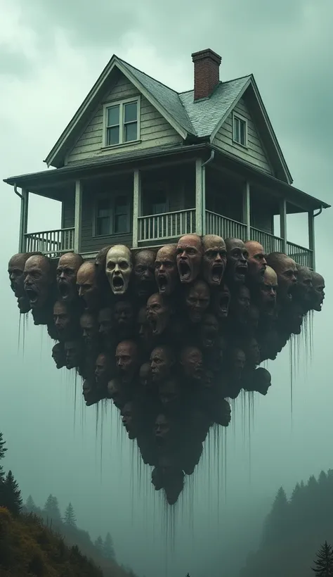 Best image quality, masterpiece, multiple human heads attached to a floating house, excited expression, detailed skin expression, detailed image texture, brutal, bizarre, horror, eerie atmosphere, (not AI image), cloudy weather
