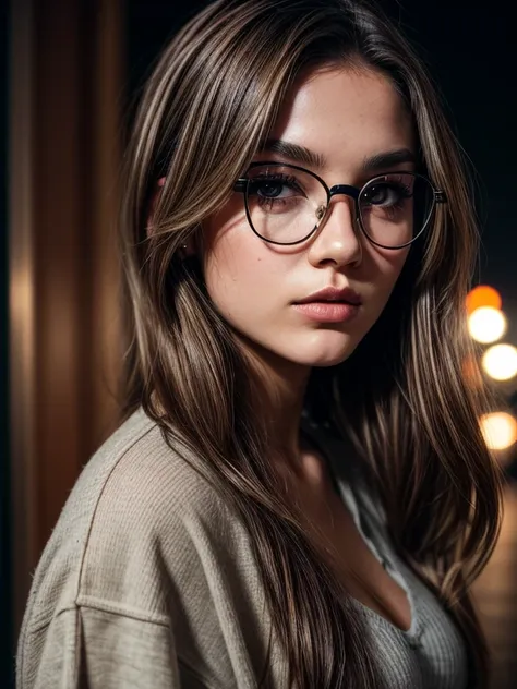 a beautiful 23-year-old woman, light brunette, close-up, girl next door, baggy clothes, makeup, lips, glasses, night, messy hair, film grain, retro, Porta 160 color, shot on ARRI ALEXA 65, sharp focus on subject, Fujifilm XT-3