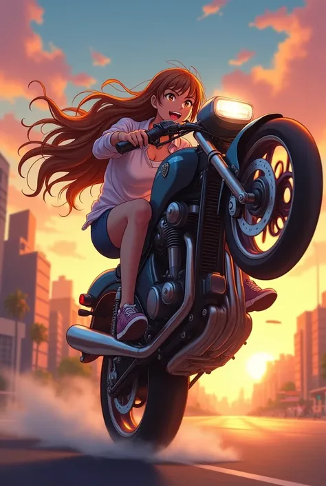 Man with long brown hair riding a wheelie and his girlfriend with long brown hair in the long hair man without beard anime style