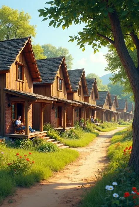 An image of ten traditional village houses lined up in a row in a rural residential area. Each house is made of natural materials like wood and brick, with simple yet charming designs. In front of one of the houses, a person is sitting on a small porch, ca...