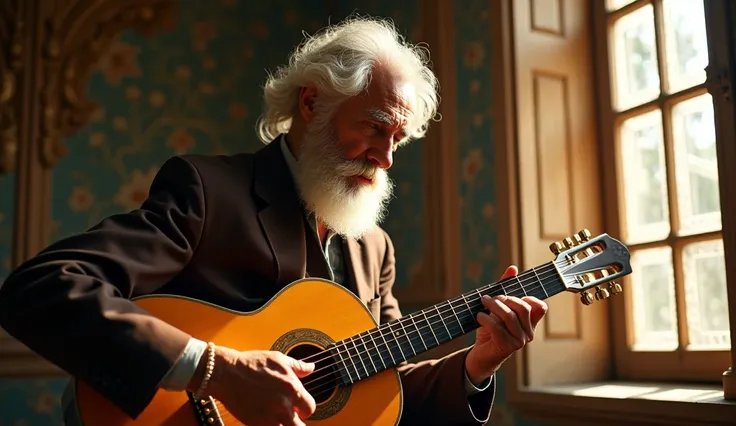 ((best quality)), ((masterpiece)), (detail), perfect face, close-up photo of an elderly latin man playing guitar next to a window, ancient room scene with intricate details, shimmering and magical light, surreal photo, 8k, ultra high resolution, sharp face