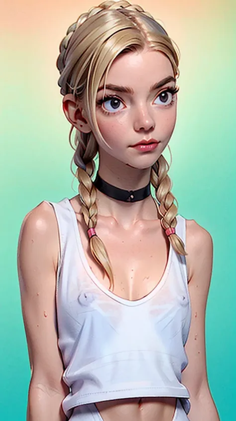 one girl, solo, (abs:1.4), slender body, fit body, (upper body, bust:1.2), (black eyes:1.3), blonde hair, (two cute braids:1.2), (bare shoulders:1.2), masterpiece, highly detailed, look at viewer, front view, (small breasts, tiny breasts, male chest, expos...