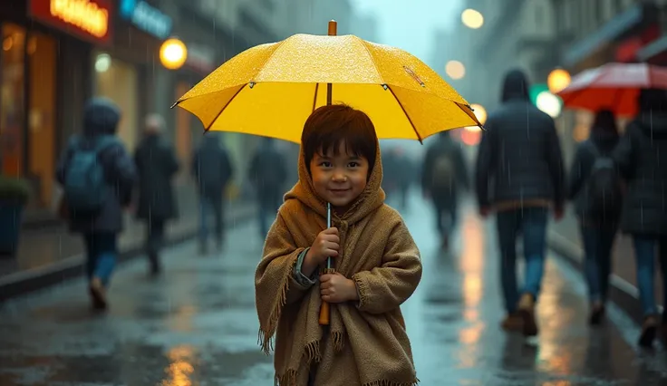 A small boy walking in rain he wore a sack. A young pair walking behind him and they saw that small boy that small walking on road And they given their umbrella to that small boy. that small boy removed that sack and taken that umbrella. that small boy wea...