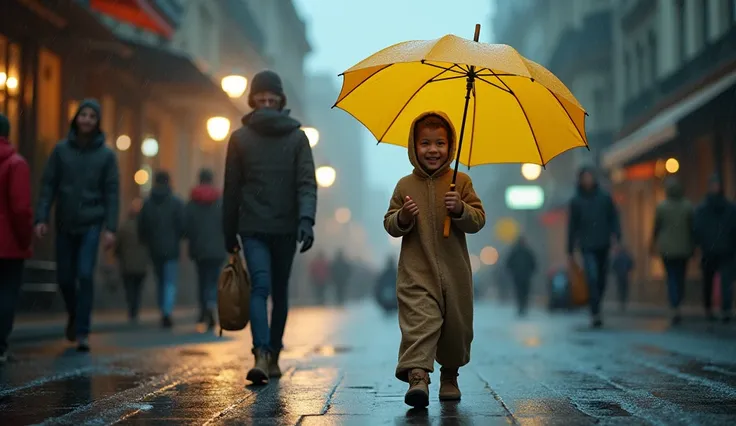 A small boy walking in rain he wore a sack. A young pair walking behind him and they saw that small boy that small walking on road And they given their umbrella to that small boy. that small boy removed that sack and taken that umbrella. that small boy wea...