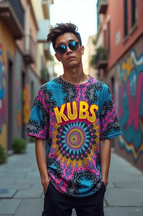 Oversize shirt with trippy design has a KUBS logo