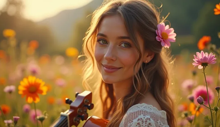 ((best quality)), ((masterpiece)), (detail), perfect face, close-up photo of a young russian woman playing guitar in a valley of flowers, valley scene with intricate details, shimmering and magical light, surreal photo, 8k, ultra high resolution, sharp fac...