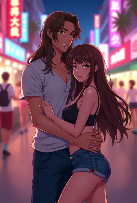 Make a man with long flowing brown hair, Standing, hugging and putting hands on the breasts of a sexy sensual girl in shorts and cropped top with long brown hair and long bangs anime adult standing 