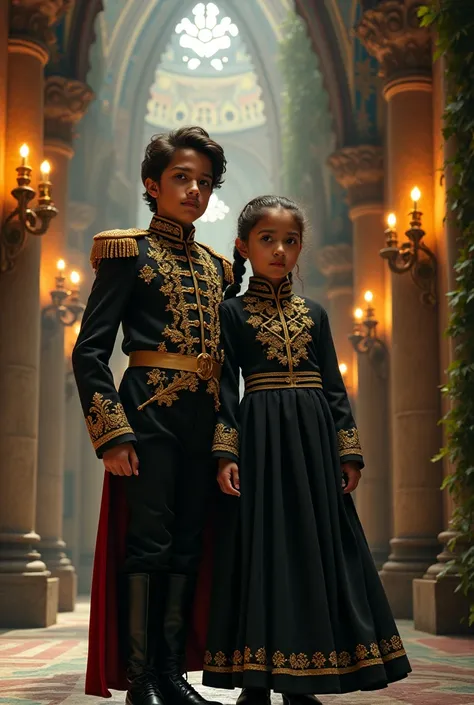 Mexican boy and girl, wearing a black Mexican military uniform with gold details, set inside the Hogwarts-like Chapultepec Castle