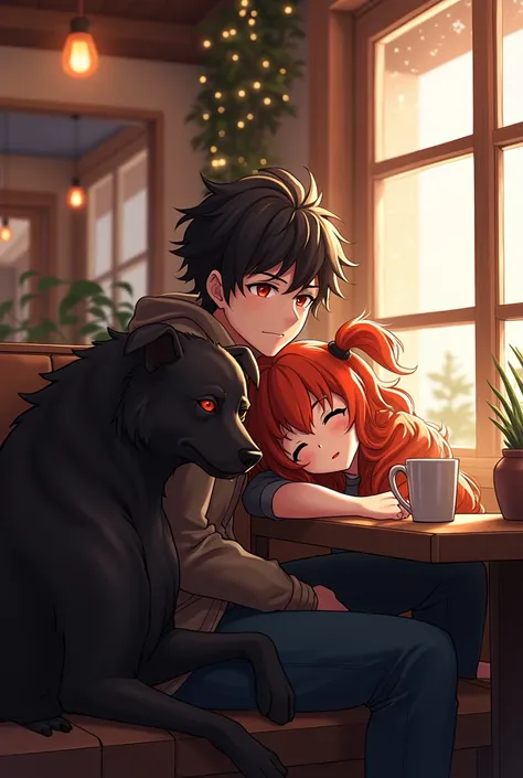 19 year old boy drinking coffee, with his hellhound on the floor, and an 18 year old tsundere girl sleeping on his lap