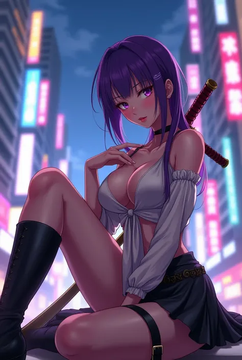 Style Anime, femme adulte, cheveux violet, mini jupe très courte, culotte visible, botte, porte-jartelle, chemisier quasi transparent, grand décollleté, poitrine généreuse, seins visible, katana dans main droite, main gauche touchant poitrine, décor urbain...