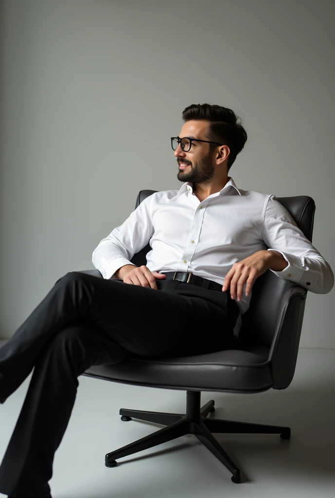 A man with a white shirt and black pants sitting in a chair in a gray room,sitting relaxed with his hand touching his belt, his legs slightly open, looking sideways with a side smile and seductive eyes and wearing reading glasses