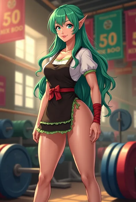 (Female bodybuilder physique character), (style Anime),A beautiful elf, green hair, Dressed as a waitress, gym stage,  Very large and corpulent body, Height 1.92 centimeters, By Edgar Gomez