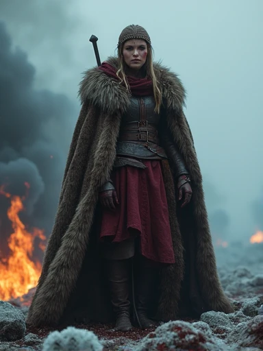 macabre style Capture the indomitable spirit of a beautiful Viking Age princess warrior, cowboy shot, standing triumphantly amidst the chaos of a brutal skirmish, wearing luxurious furs and distressed leathers, she embodies sophisticated savagery, crimson ...