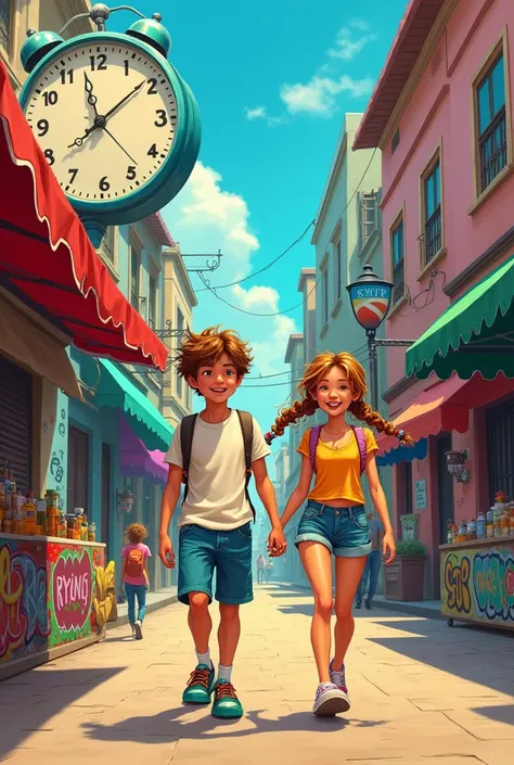 Create a crazy person for this song: a boy and a girl from the street happy holding hands as they walk and the clock of time is the way