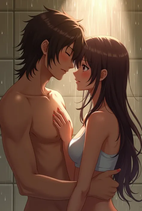 Make a man with long flowing brown hair, Standing, embracing and placing hands on the chest of a sensual girl with a cropped top, long brown hair and long anime bangs, standing adults showering in the bathroom, almost naked.